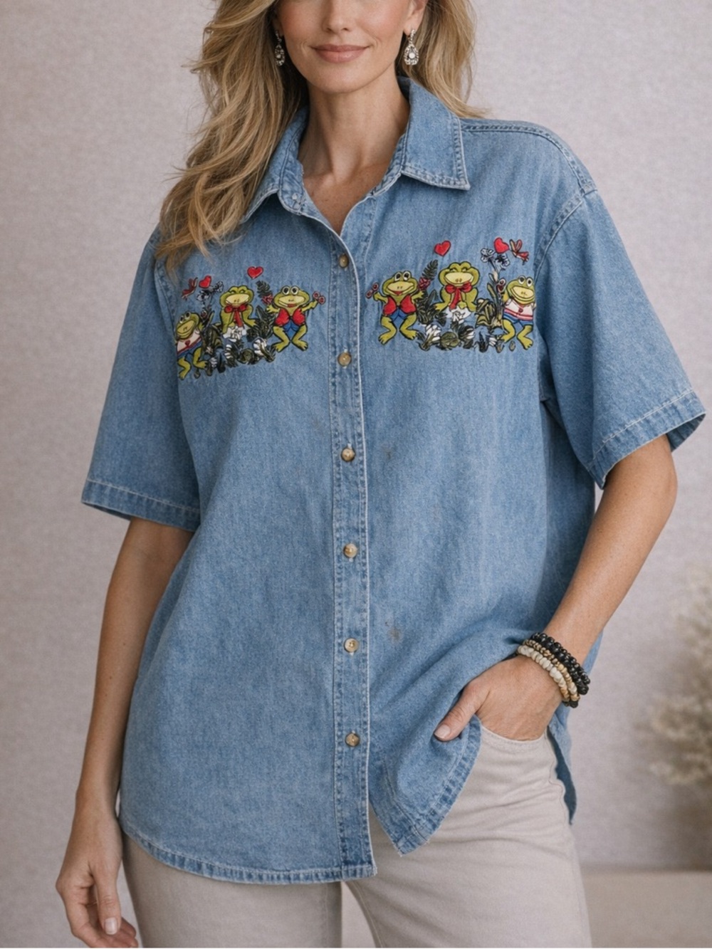 Quizz Again Frog Embroidered Denim Button Front Shirt XL Vintage Cotton Top